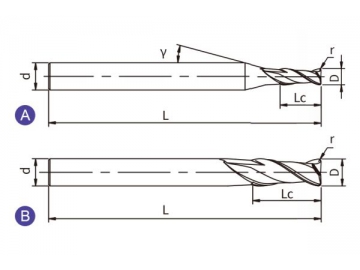 A-R2/RS2/RL2 Hartmetall Schaftfräser für Aluminiumlegierungen/ Eckradiusfräser, 2 Schneiden